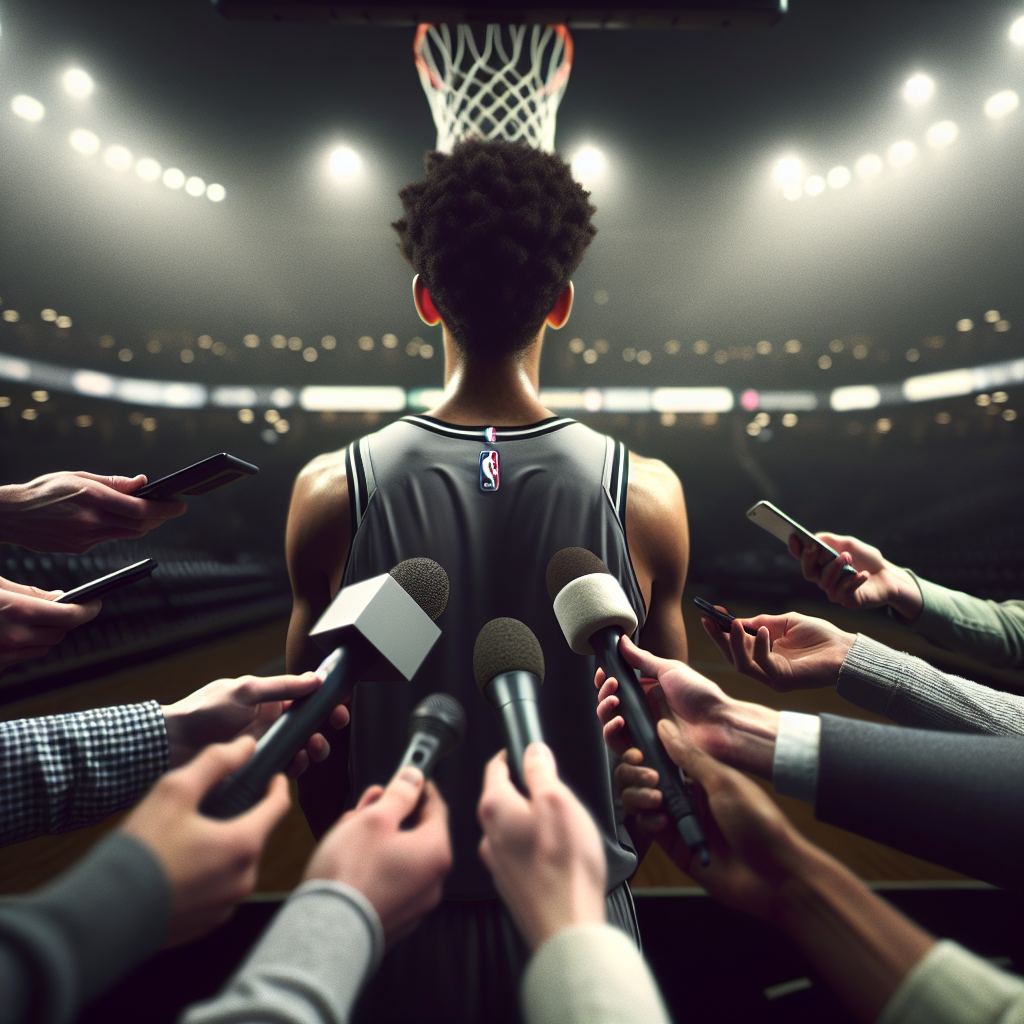 NBA müsahibəsi zamanı anonim oyunçu silueti, mikrofonlar və jurnalistlər fonunda