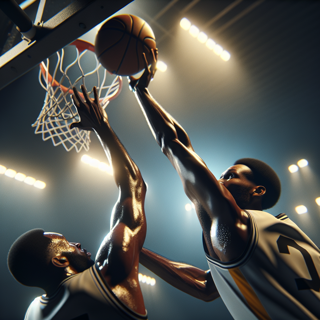 Basketball rebound battle under hoop for weekly NBA results analysis feature